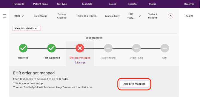 EHR Mapping shortcut from the test